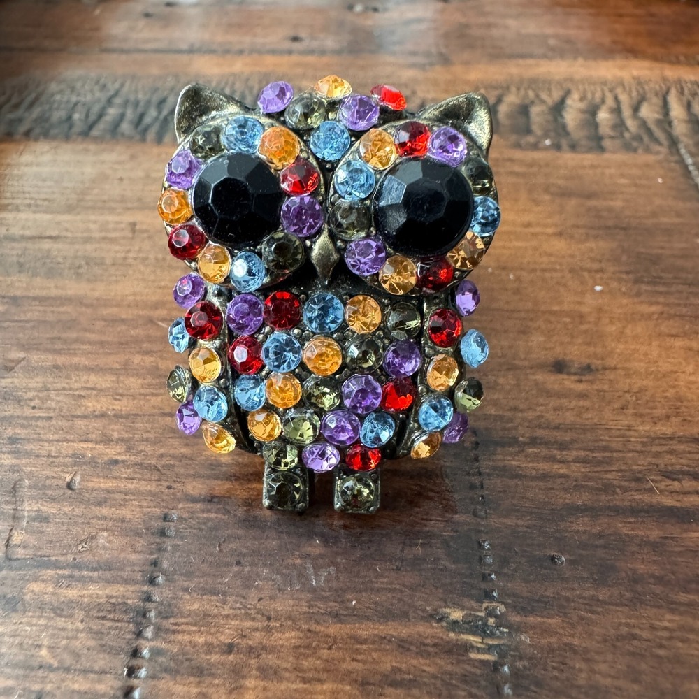Owl Stretch Ring Multi-color Rhinestones Gold‎ tone Metal